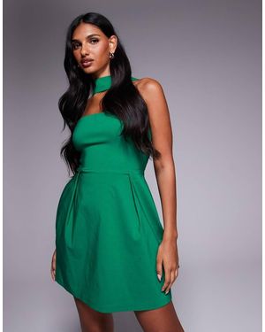 Vesper Bengaline Bandeau Choker Detail Pleat Front Mini Dress - Green