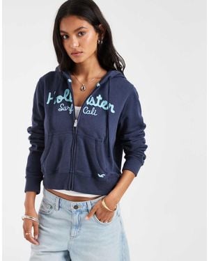 Hollister Cropped Heritage Logo Zip Up Hoodie - Blue