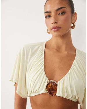 ASOS Co-Ord Slinky Draped Top With Shell Trim - Natural