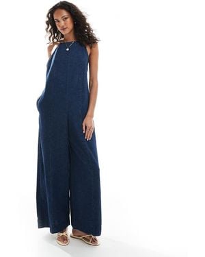 ASOS Soft Denim Palazzo Halter Neck Jumpsuit - Blue