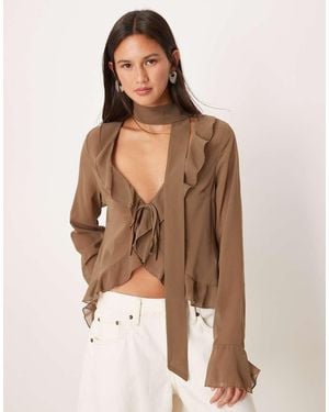 Motel Hirap Ruffle Front Sheer Blouse - Brown
