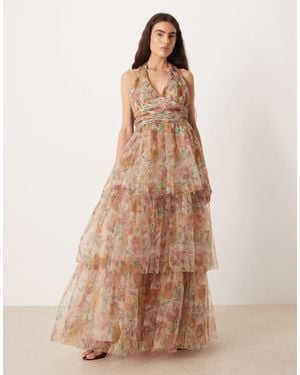 LACE & BEADS Tulle Halter Neck Tiered Maxi Dress - Natural