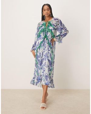 Hope & Ivy Vestito Trasparente Con Gonna Al Polpaccio Bianco E Con Stampa Di Palme E Volant - Blu