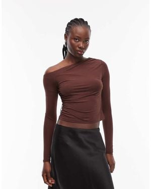 ASOS Slinky Off-shoulder Ruched Detail Long Sleeve Top - Purple