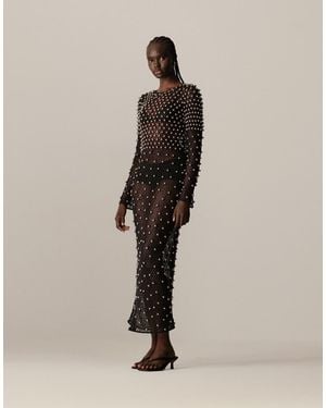 ARRANGE Embellished Mesh Long Sleeve Maxi Dress - Natural