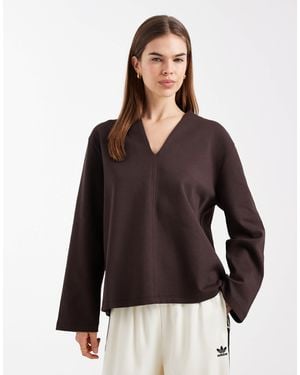 ASOS Long Sleeve Plunge With Button Detail Top - Brown