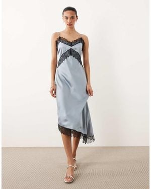 New Look Asymmetric Contrast Lace Trim Midi Dress - Blue