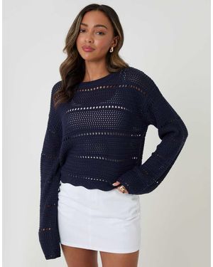 Threadbare Pointelle Knit Crew Neck Jumper - Blue