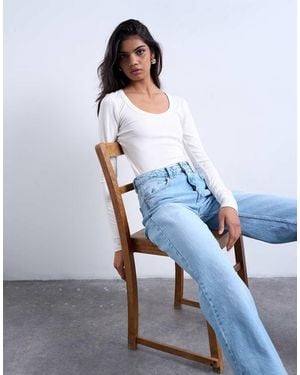 TOPSHOP Premium Rib Long Sleeve Wide Scoop Neck Top - White