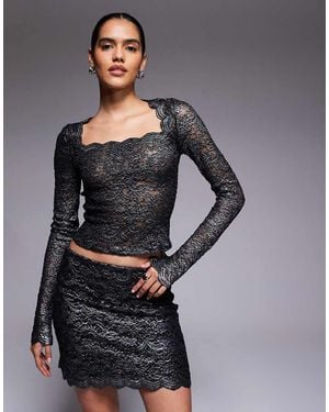 ASOS Metallic Lace Square Neck Long Sleeve Top - Grey