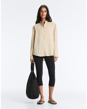 Oysho Stand-up Collar Modal Blend Striped Shirt - Natural