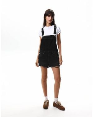 Pull&Bear Ripped Short Denim Overalls - Black