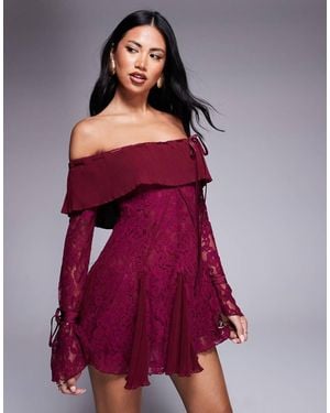 Murci Exclusive Lace Bardot Fit And Flare Godet Detail Mini Dress - Red