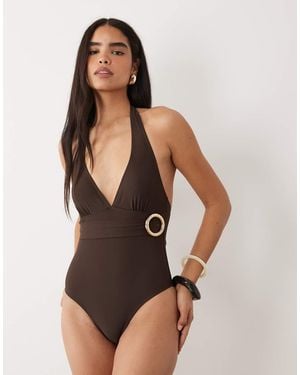 Aray Costume Da Bagno Scuro Con Scollo Profondo E Cintura - Marrone