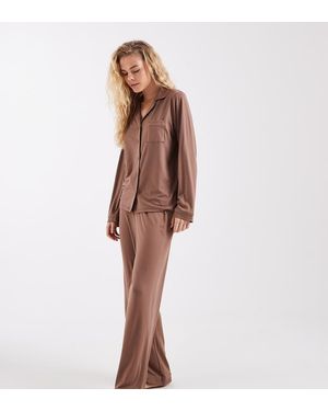Loungeable Superzachte Jersey Pyjamaset Met Revers-Top, Wijde Pijpen En Biesdetail - Bruin