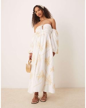 ASOS Off The Shoulder Floral Embroidered Midaxi Dress - Natural