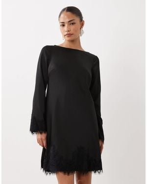 Nobody's Child Petite Kamari Satin Boat Neck Long Sleeve Lace Detail Mini Dress - Black