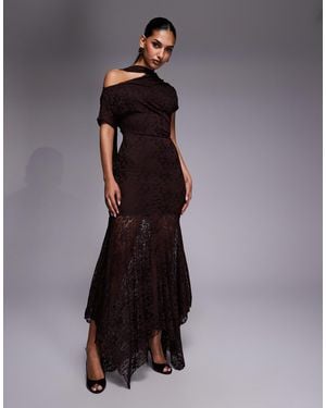 Kaiia Exclusive Slinky Lace Off Shoulder Scarf Detail Sheer Hem Maxi Dress - Brown