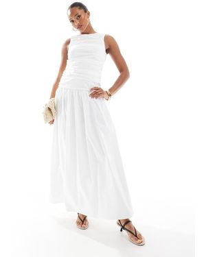4th & Reckless Ruched Poplin Sleeveless Drop Waist Maxi Dress - White