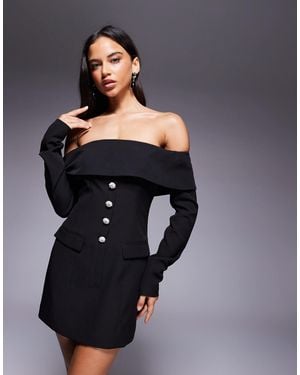 Kaiia Exclusive Bardot Foldover Tailored Long Sleeve Diamante Button Detail Mini Dress - Blue