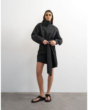 TOPSHOP Long Sleeve Funnel Neck Shirt Dress With Wrap Detail - Gray