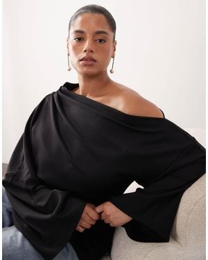 ARRANGE Curve Jersey Off Shoulder Wide Sleeve Top With Ruched Hem - Black