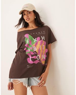 ASOS Off Shoulder T-shirt With Exhibition Graphic - Brown