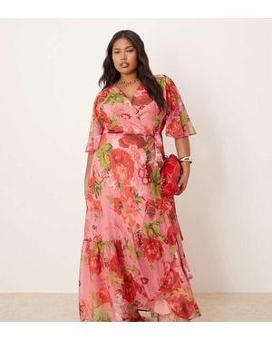 Hope & Ivy Plus Vestito Lungo A Portafoglio Multicolore Allacciato - Rosso