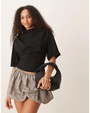Gina Tricot Short Sleeve Drape Boat Neck Top With Elbow Sleeves - Black