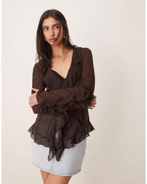 Glamorous Sheer Frill Detail Blouse - Brown