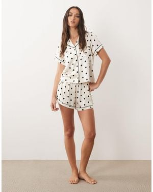 Boux Avenue Spot Satin Short Sleeve Revere Pyjama Set - Natural