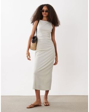 Mango Boat Neck Sleeveless Midi Dress With Ruched Waist - White