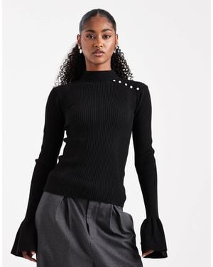 The Frolic Exclusive Ribbed Knit Pearl Detail Flare Sleeve Sweater - Black