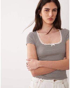 Miss Selfridge Stripe Square Neck Lace Trim Short Sleeve Top - Gray