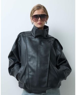 ONLY Funnel Neck Faux Leather Jacket - Gray