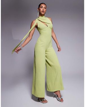 ASOS Cowl Draped Neck Wide Leg Jumpsuit With Tie Detail - Green