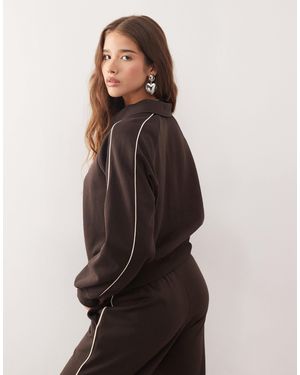 Monki Half Zip Sweatshirt With Beige Piping Detail - Blue