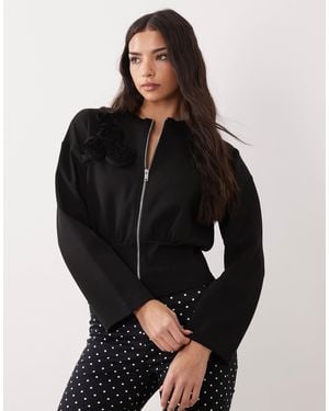 ASOS Interlock Corsage Detail Zip Through Sweatshirt - Black