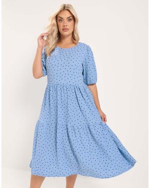 Yours Clothing Polka Dot Tiered Midi Dress - Blue
