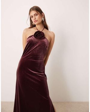 Y.A.S Velvet Halterneck Maxi Dress With Rosette - Red
