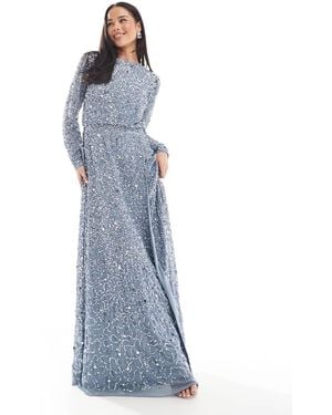 Maya Embellished Long Sleeve Split Maxi Dress - Blue