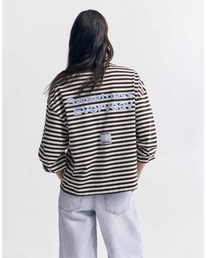 Pull&Bear Striped T-Shirt With Rib And Slogan - White