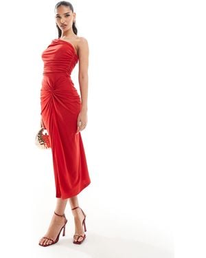 AX Paris Ruched One Shoulder Twist Detail Bodycon Midi Dress - Red