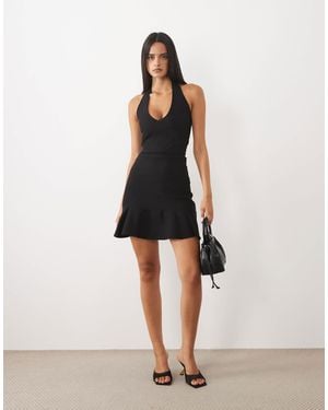 Vesper Bengaline Scoop Halterneck Ruffle Mini Dress - Natural