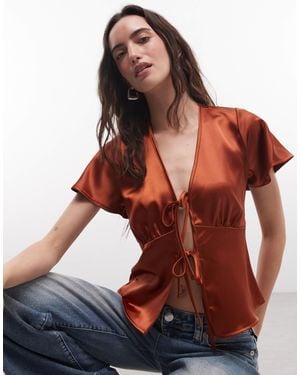 Reclaimed Vintage Satin Tie Front Top - Red
