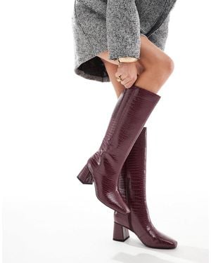 London Rebel Lara Mid Block Heel Knee Boots - Red