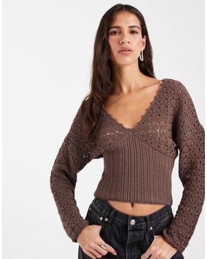 ASOS Knitted Plunge Cinch Long Sleeve Top - Brown