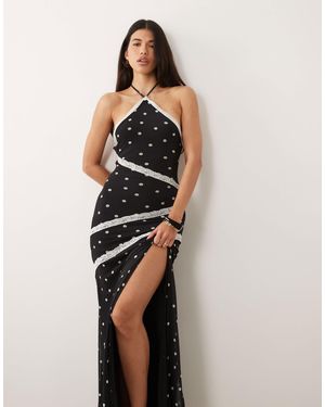 ASOS Robe à pois longue en tulle avec dos nu et finitions en dentelle contrastantes - noir - Multicolore