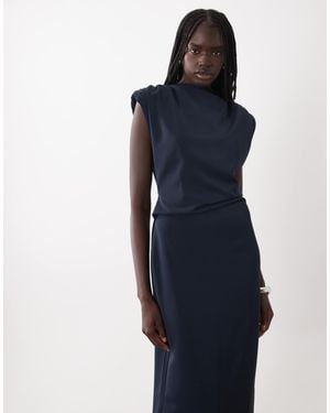 ASOS Slinky Shoulder Pad Maxi Dress With Tuck Waist Detail - Blue