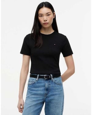 Tommy Hilfiger Flag Embroidery Crew Neck Slim T-Shirt - Black